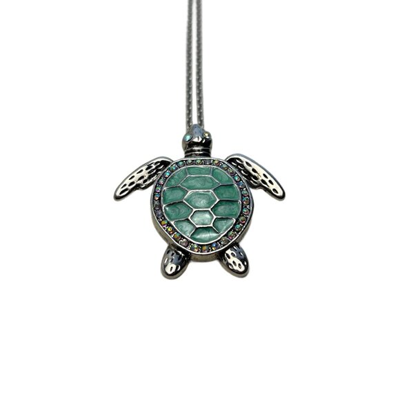 Sea Turtle Necklace Aqua Enamel AB Crystal Rhinestones Shiny Silver Tone - Picture 7 of 10
